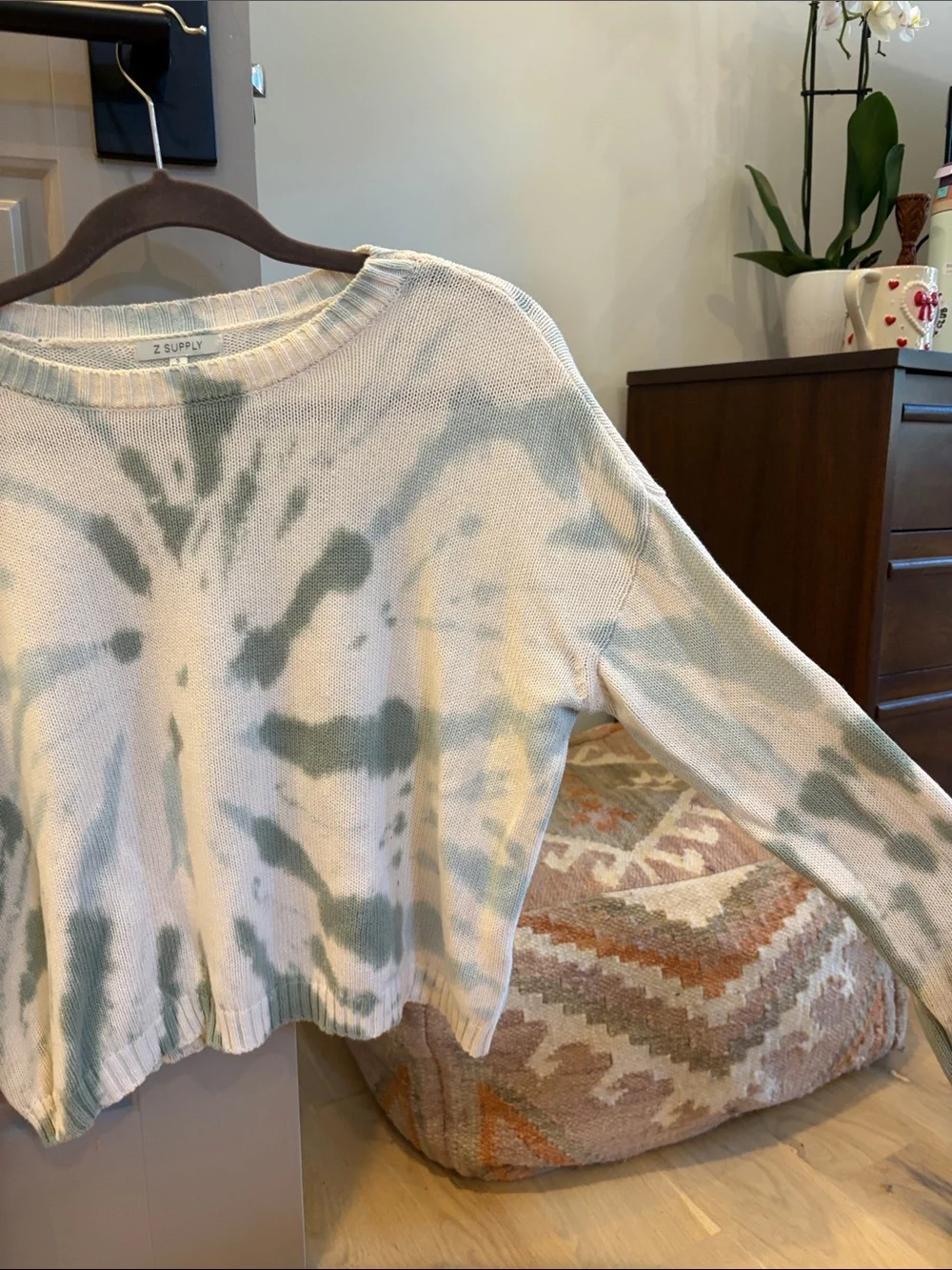 Z Supply Tie-Dye Cropped Sweater in White and Sage Green